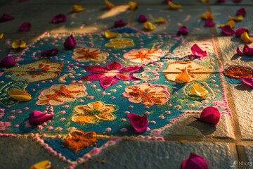 Wall Mural - Blue and yellow mosaic with flowers and leaves on it