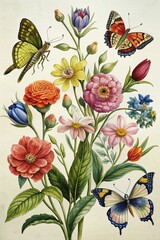  Vintage Botanical Illustration with Colorful Flowers and Butterflies