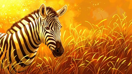 Poster -   A zebra stands in a field of tall grass, bathed in sunlight on its back