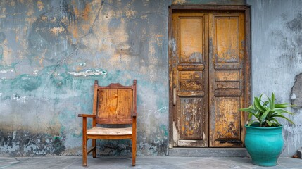 Poster - Wooden chair and door along with green plant pot against bare cement walls background