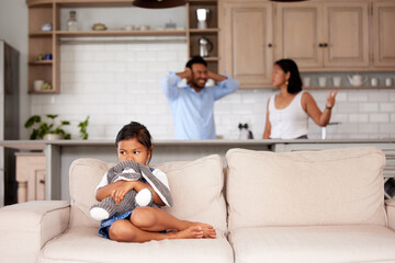 Canvas Print - Conflict, parent and problem in home with child, sofa or sad in living room for divorce. Anger, mother or father for separation and affair or cheating, toxic or argue and trauma for fighting together