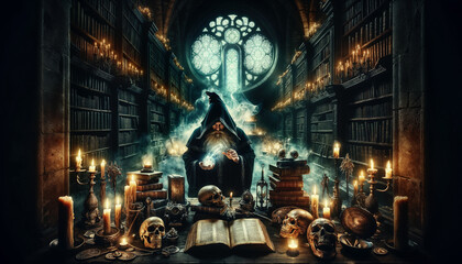 Mystical sorcerer in a spooky ancient library surrounded by books and a glowing orb, embracing themes of magic and mystery