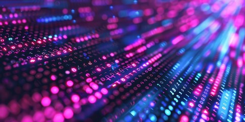 A digital matrix with streaming lights and binary codes portrays data flow and technology advancements