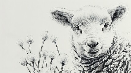 Canvas Print -  Sheep gazing at camera, Flower in fg, Plant in bkg