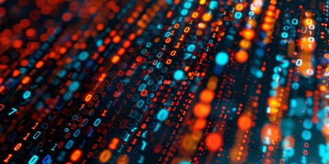 A digital matrix with streaming lights and binary codes portrays data flow and technology advancements