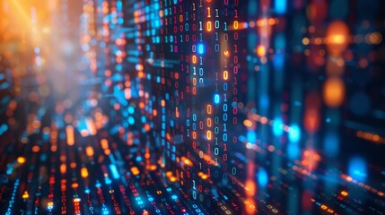 A digital matrix with streaming lights and binary codes portrays data flow and technology advancements