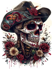 Wall Mural - Skull with cowboy hat and flowers on it
