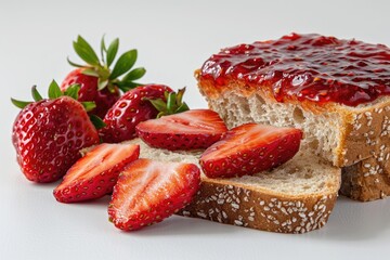 Canvas Print - Slice of bread with strawberry jam and strawberry slices on top