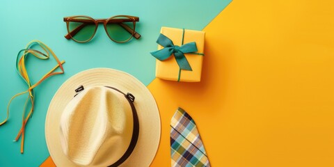 Poster - Yellow background with hat, glasses, and gift box