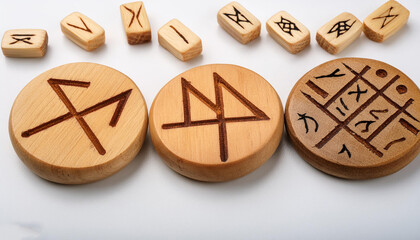 Close-up photo of wooden tablets with runes created in AI