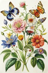  Vintage Botanical Illustration with Colorful Flowers and Butterflies