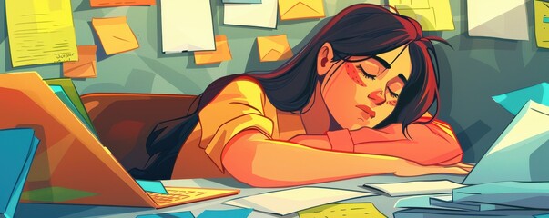 Wall Mural - A girl is sitting at a desk with a bunch of papers and books around her. Illustration.