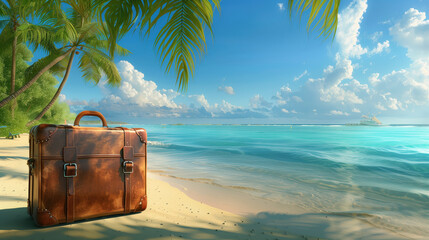 Wall Mural - Vintage Suitcase On Tropical Beach With Palm Trees