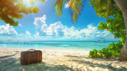 Wall Mural - Tropical Beach with Suitcase Under Palm Tree on Sunny Day