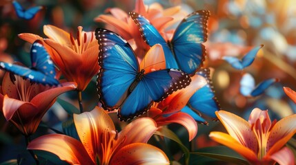 Wall Mural - Vivid Morpho butterflies on blooming lilies in garden with blank space