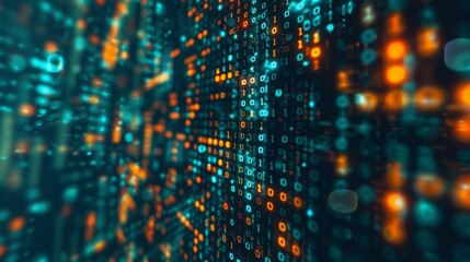 a digital matrix with streaming lights and binary codes portrays data flow and technology advancemen