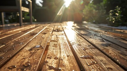 Canvas Print - Wooden deck with raindrops on it