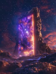 Wall Mural - large purple and orange door is in middle of rocky landscape
