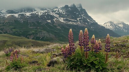 Wall Mural -  A field of purple flowers in foreground, mountain range with snow-topped peaks in background