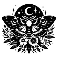 Wall Mural - Celestial moth with moon and stars and botanical plants flowers and leaves in black tattoo style