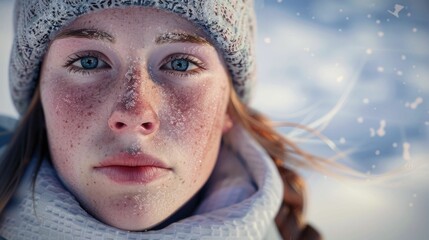 Wall Mural - The close up picture of the person looking at the camera with the white snow background in the middle of the snowy ice field, the skill require for ice field are fitness, ice safety knowledge. AIG43.