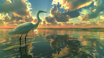 Poster -   A majestic white bird perched on a tranquil water body, bathed in the golden light of a cloud-laden sky