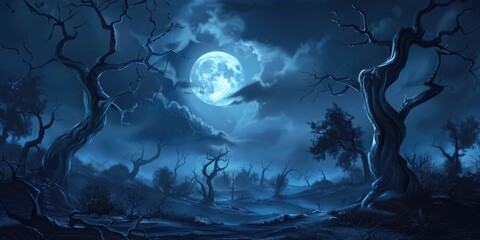 Wall Mural - Dark forest with full moon in sky