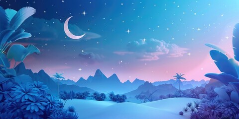 Wall Mural - beautiful blue sky with large moon and stars