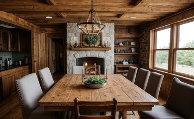 Canvas Print - Cozy rustic farmhouse dining room with wooden beams, vintage furniture, and potted herbs