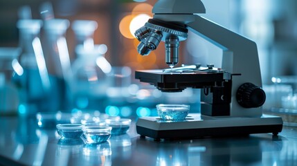 Wall Mural - laboratory research, microscope and petri dishes set on laboratory table, creating a scientific back
