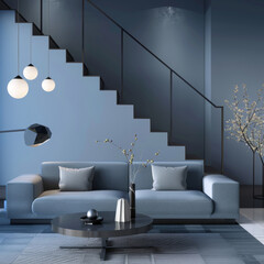 3D illustration of a living room interior in a modern blue design featuring Classic Blue color.