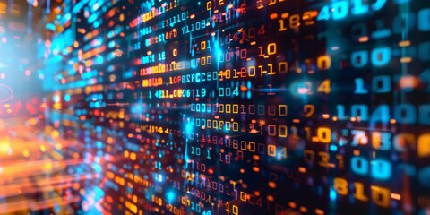 A digital matrix with streaming lights and binary codes portrays data flow and technology advancements
