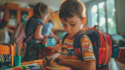 Wall Mural - A junior high school student does his homework. He has a school backpack behind him. The child writes in a notebook.