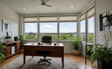 Wall Mural - Contemporary home office with sleek furniture, large windows, and a variety of succulents