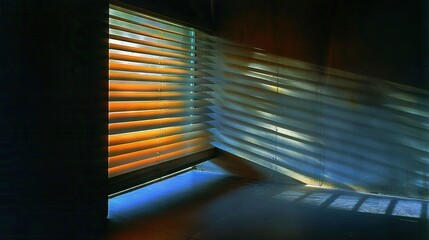 Poster -   A close-up of a window with light streaming through the blinds from inside