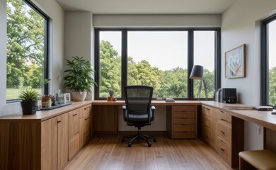 Wall Mural - Contemporary home office with sleek furniture, large windows, and a variety of succulents