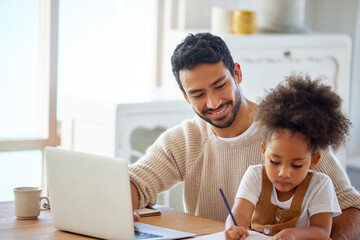 Canvas Print - Father, girl and helping with homework in home for learning, education or homeschool lesson with remote work. People, dad or daughter with support for study activity, writing or laptop in dining room