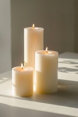 Sticker - Three white candles sit on top of a table, providing soft lighting