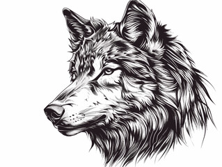 Wall Mural - A wolf's head is drawn in black and white. The wolf has a fierce look on its face, and its fur is long and shaggy. Concept of strength and power, as well as a wild