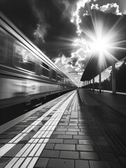 Poster - Train is moving past station with bright sun shining on platform