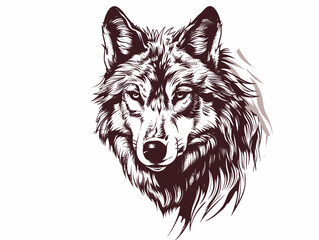 Wall Mural - A wolf with a fierce look on its face. The wolf is drawn in black and white. The wolf's fur is long and flowing, and its eyes are piercing. The wolf's expression is intense and menacing