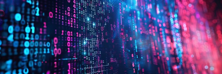 A digital matrix with streaming lights and binary codes portrays data flow and technology advancements