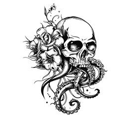 A skull with a flower and a tentacle coming out of it