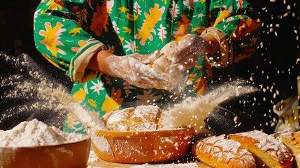 Wall Mural -   A woman is pouring flour into a bowl and placing it on a table alongside various other bread loaves