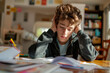 © Duckai - Teen student stressed with her homework, struggling with multiple books and disorganized notes