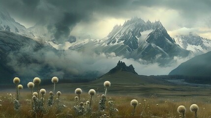 Sticker -   Field of white flowers in front of a snowy mountain and cloudy sky