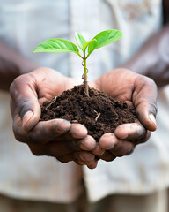 Hands Holding a Young Plant sprout in soil