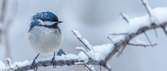 Poster -  A blue and white bird perched on a snow-covered tree branch surrounded by branches