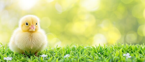 Wall Mural -   A yellow duck atop green grass in a field adjacent to white flowers