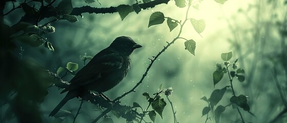 Poster -   A black bird perched atop a leafy tree branch, illuminated by a soft light filtering through the foliage behind